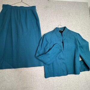 Vintage Louis Feraud Paris Wool Skirt Suit 8 Teal Blue Made in Germany 70 to 80s